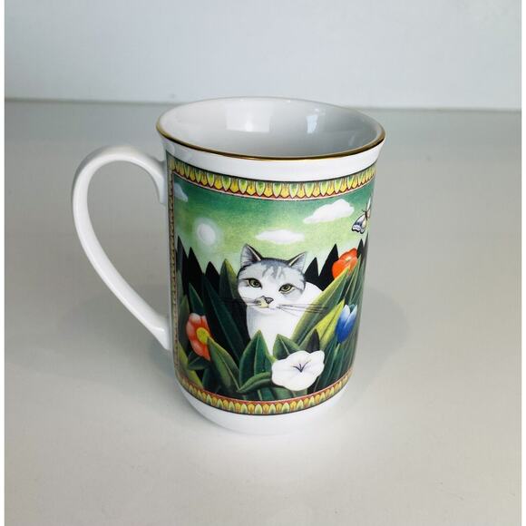 Four Seasons Russ Berrie Mug White Gray Cat In Garden Ceramic Coffee Tea Cup 10k - Picture 2 of 4